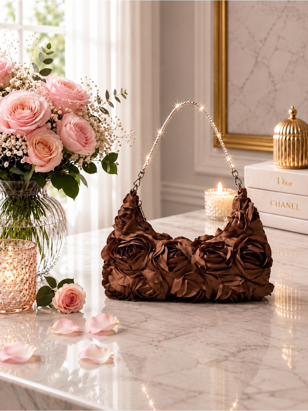 Dedire ~ Luxury Floral-Textured Copper Brown Shoulder Bag